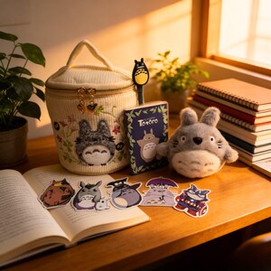 May include: A collection of Studio Ghibli's My Neighbor Totoro merchandise. Includes a cream-colored corduroy cosmetic bag with embroidered Totoro, a plush Totoro, stickers, a bookmark, and a notebook with the title "Totoro".