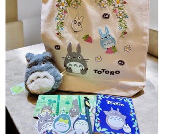 My Neighbor Totoro Inspired Gift Set , Ghibli Themed Goodie Set, Fluffy Purse/Embroidery Tote Bag/Stickers/Pen/Sticky Notes/Notebook