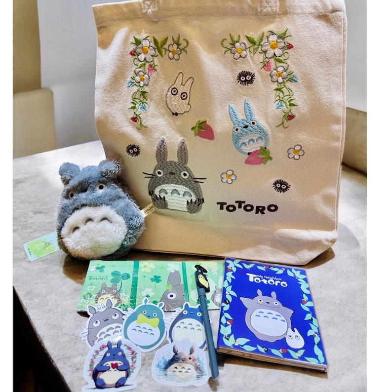My Neighbor Totoro Inspired Gift Set , Ghibli Themed Goodie Set, Fluffy Purse/Embroidery Tote Bag/Stickers/Pen/Sticky Notes/Notebook image 1