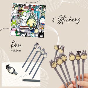 May include: A collection of Totoro-themed stickers and pens. The pens are gray with Totoro character toppers. The image also includes the text "5 Stickers" and "Pen ~17.5cm". The stickers feature various Totoro designs.