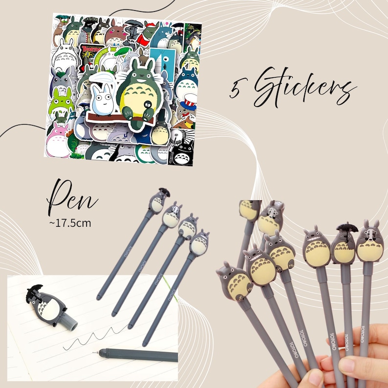 May include: A collection of Totoro-themed stickers and pens. The pens are gray with Totoro character toppers. The image also includes the text "5 Stickers" and "Pen ~17.5cm". The stickers feature various Totoro designs.