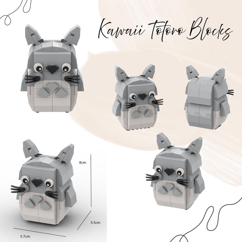 May include: Kawaii Totoro Blocks. Four gray and white block figures of the animated character Totoro are shown. The figures have black eyes, whiskers, and a gray nose. Dimensions are 5.7cm x 5.5cm x 8cm.