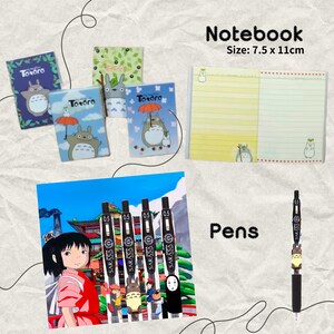 May include: Stationery set featuring characters from "My Neighbour Totoro." Includes notebooks, sticky notes, and black pens with character designs. The notebook size is 7.5 x 11cm.