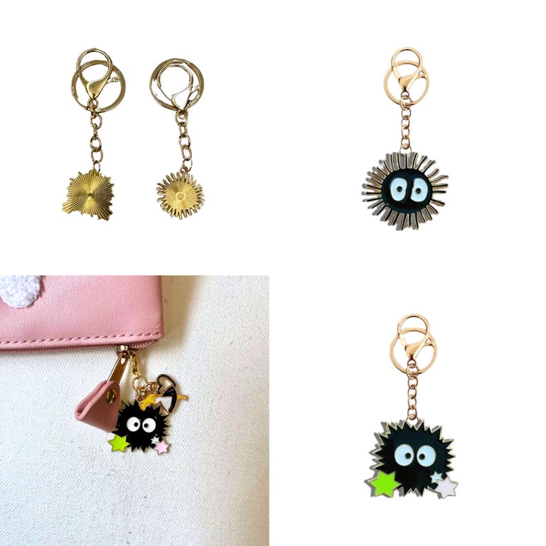 May include: Three gold keychains with different charms. One keychain has a gold star charm, another has a gold sun charm, and the third has a black and white cartoon character charm with a spiky body and large eyes.