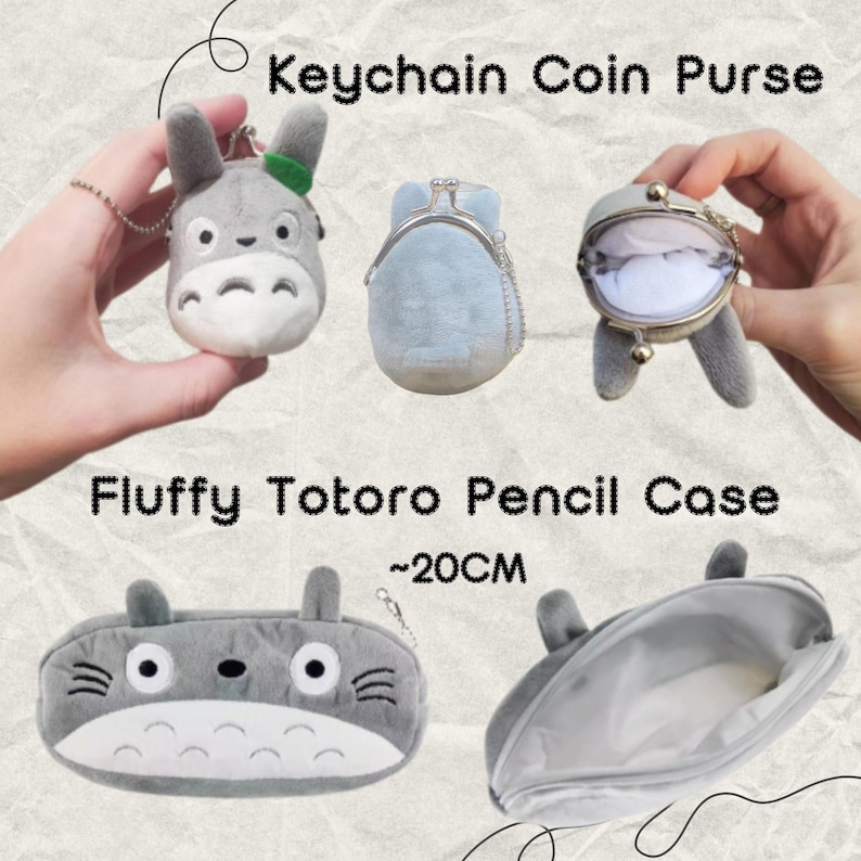 May include: A gray plush Totoro keychain coin purse, a light blue plush Totoro coin purse, and a gray plush Totoro pencil case that is approximately 20 cm long. The pencil case is open to show the gray lining.