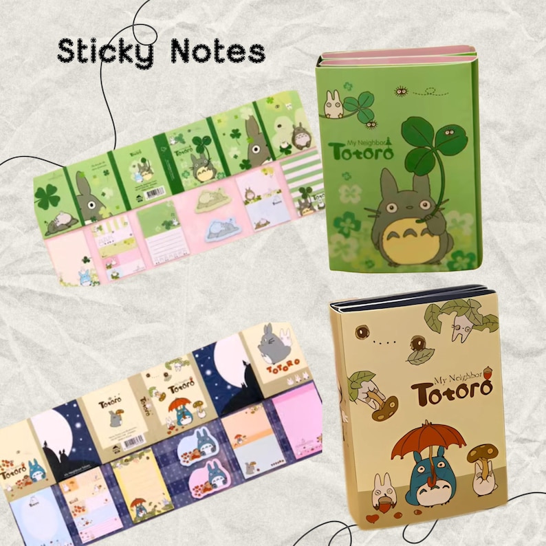 May include: A set of My Neighbor Totoro sticky notes featuring different designs. The notes are in a variety of colors, including green, yellow, and blue. The notes feature Totoro, a character from the Studio Ghibli film My Neighbor Totoro.
