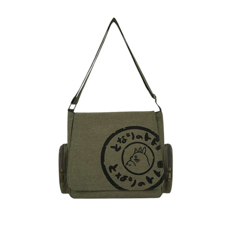 May include: Olive green messenger bag with a black graphic of a cat inside a circle with Japanese text. The bag has a flap closure, two side pockets, and an adjustable shoulder strap.