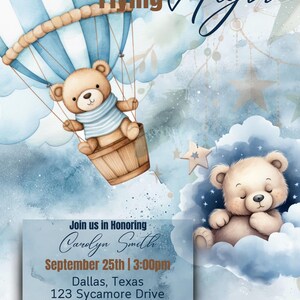 We&#39;re Flying High Baby Shower Invitation (Hot Air Balloon, Teddy Bear and Blue Themed)