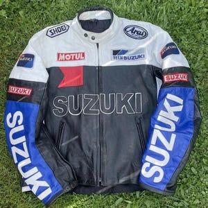 SUZUKI Biker racing leather jacket handmade SUZUKI R motorcycle racing streetwear leather jacket genuine leather jacket gift for him.