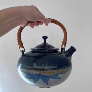 Vintage Stoneware Ceramic Teapot with a Dark Blue and Beige Glaze and Bamboo Wrapped Handled - Signed and Dated in 2001