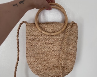 Bolso de hombro auténtico Hat Attack, 100 % rafia y lino, con asas de madera