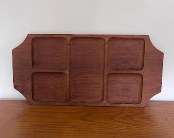 Large Vintage Mid Century Modern Teak Wood Serving Tray with Five Partitions