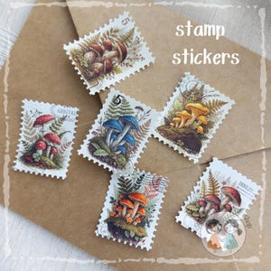Pegatinas de sellos vintage: juego de pegatinas de sellos postales de papel mate para diarios, álbumes de recortes, cartas a amigos por correspondencia, setas y bosques.