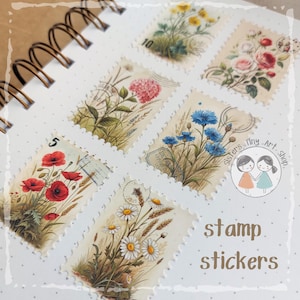 Pegatinas de sellos vintage: juego de pegatinas florales de papel mate para diario, scrapbooking, cartas a amigos por correspondencia, flores y naturaleza.