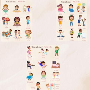 Juego de arte mural educativo en alemán e inglés | Pósteres de aprendizaje para la habitación de los niños | Cuadro de verbos bilingües | Decoración inspirada en Montessori