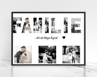 Personalisiertes Familienbild- Fotocollage mit Text „Wo die Magie Beginnt”