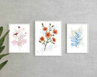 3er Set Aquarell Blumen Poster – botanische Wanddekoration, Digitaler Kunstdruck, Modernes Wohnungsdesign