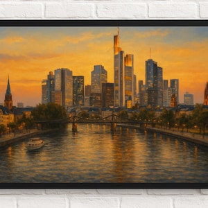 May include: A framed painting of a cityscape at sunset. The artwork depicts a river with a bridge and a boat, leading to a skyline of modern skyscrapers. The sky is a warm blend of orange and yellow.
