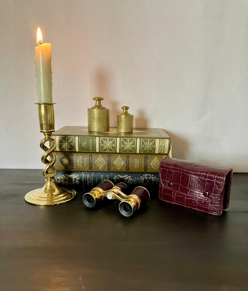 May include: A brass candlestick with a lit candle, two brass weights, three stacked hardcover books, a pair of brass and dark red opera glasses, and a dark red crocodile-embossed leather case arranged together on a dark surface.