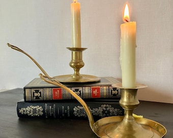 Pair of Vintage French Brass Chambersticks, Antique Style Candlesticks with Handled Bases ,Country House & French Farmhouse Decor.