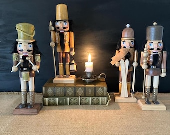 Vintage Wooden Nutcracker Set, European Christmas Decor Figures, Traditional Holiday Mantle Display, Collectible Festive Characters.