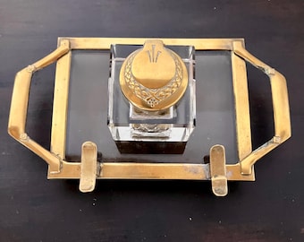 Art Deco Brass & Crystal Inkwell | Gentleman’s Desk Accessory | Luxury Executive Office Decor | Vintage Desk Set Gift