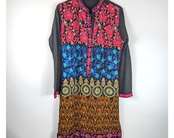 Vintage Embroidered Boho Tunic Dress Womens Medium Black Multicolor Floral Folk Art