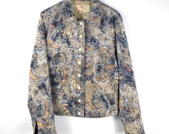 Vintage Paisley Corduroy Jacket Womens 12 Button Front Lightweight Boho Print Blazer