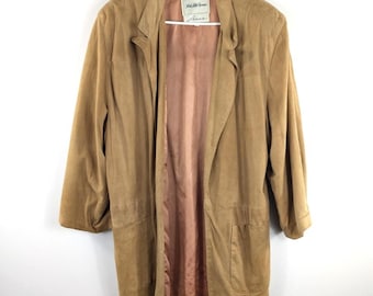 Vintage Tan Suede Leather Coat Women's S Longline Open Front USA Made Rare Find