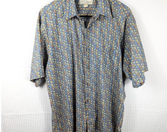 Vintage Tori Richard Toucan Tropical Shirt Mens Medium Blue Yellow Cotton USA Made Hawaii