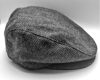 Vintage Gray Herringbone Wool Ivy Cap – Made in USA Large Snap Brim