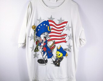 Vintage Looney Tunes Patriotic T Shirt Bugs Bunny Tweety USA Flag 90s XL Cartoon