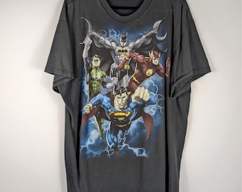 Vintage Justice League Graphic Tee Mens DC Comics Superman Batman Gray Superhero Shirt
