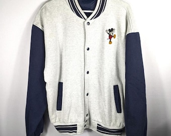 Vintage Walt Disney Mickey Mouse Varsity Jacket Mens XL Gray Blue Embroidered 90s Retro