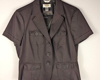 Vintage Brown Stretch Blazer Womens Petite 10 Short Sleeve Button Front Lined Talbots