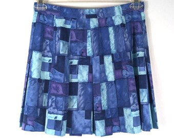 Vintage Blue Abstract Print Mini Skirt Womens 10 Pleated A-Line USA Made Retro Party