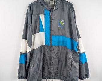 Vintage Puma Windbreaker Track Jacket Mens XL Gray Blue Colorblock Nylon Full Zip 90s
