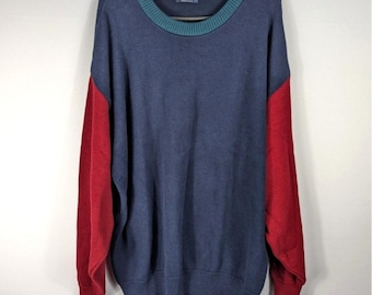 Vintage 1990s Colorblock Crewneck Sweater Mens XL Red Blue Cotton USA Made Retro Knit