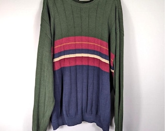 Vintage 1990s Striped Knit Sweater Mens XL Green Multicolor Cotton USA Made Lee Sport