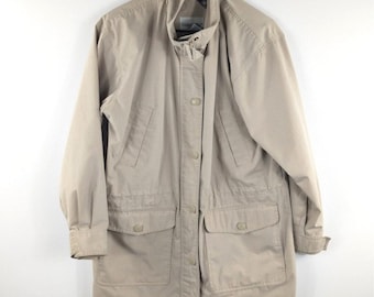 Vintage Khaki Field Jacket Womens Small Plaid Lined Utility Coat Classic Outdoors Retro