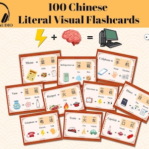 Peut inclure: Ensemble de 100 cartes flash visuelles littérales chinoises. Chaque carte présente un mot chinois avec une représentation visuelle et une traduction anglaise. Les cartes sont conçues pour l'apprentissage des langues, avec des exemples tels que "Menu", "Réfrigérateur" et "Téléphone portable".
