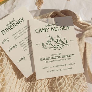 Einladung zum Camp Junggesellinnenabschied: Wochenendprogramm (bearbeitbar in Canva)