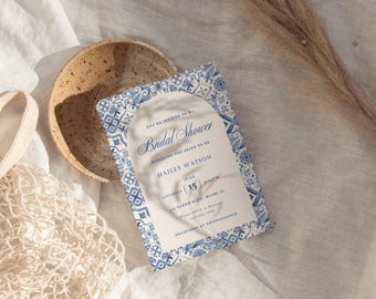 Mediterranean Bridal Shower Invitation: Amalfi Coast Tile Design (Digital Download, Canva)