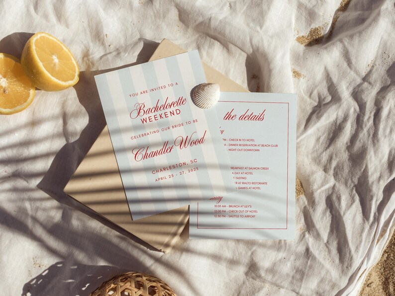 May include: A Bachelorette Weekend invitation with light blue and white stripes, featuring the text "Chandler Wood" and event details. A seashell and sliced lemons are also present.