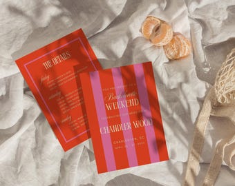 Pink Striped Bachelorette Invitation: Weekend Itinerary Canva Template (Digital Download)