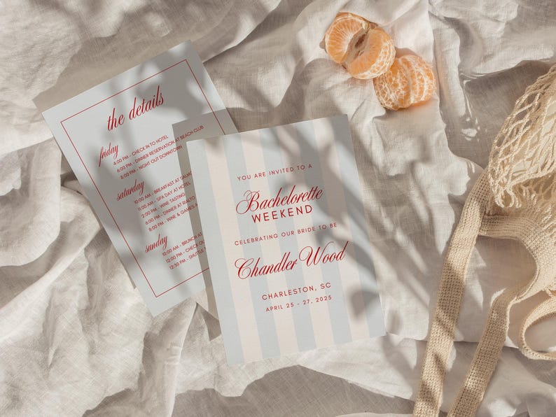 May include: Two invitation cards with red text on a white and light blue striped background. The cards read "Bachelorette Weekend" and "The Details". A sliced orange and a mesh bag are also in the image.