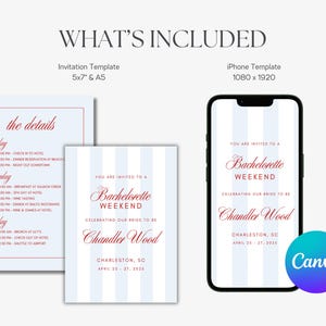 May include: A digital invitation template for a bachelorette weekend, including an iPhone template and invitation cards. The design features a light blue and white striped background with the text "Bachelorette Weekend" and the name "Chandler Wood" in a script font.