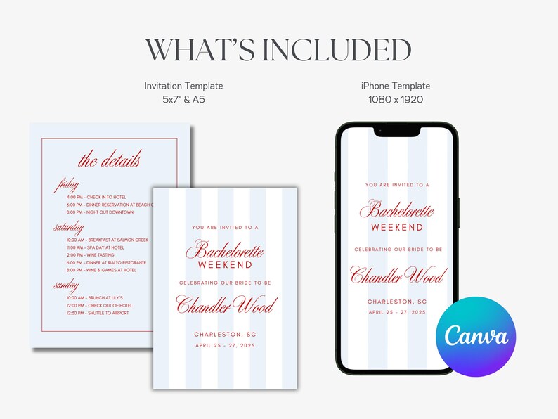 May include: A digital invitation template for a bachelorette weekend, including an iPhone template and invitation cards. The design features a light blue and white striped background with the text "Bachelorette Weekend" and the name "Chandler Wood" in a script font.