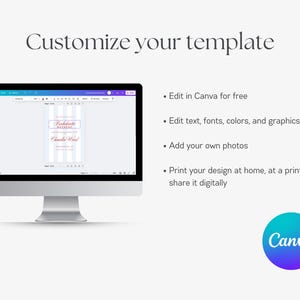 May include: A computer monitor displays a template with text that reads "Bachelorette Weekend" and "Chandler Wood". The screen is surrounded by text that says "Customize your template", and lists features like editing text and adding photos. A Canva logo is in the bottom right.