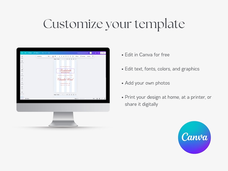 May include: A computer monitor displays a template with text that reads "Bachelorette Weekend" and "Chandler Wood". The screen is surrounded by text that says "Customize your template", and lists features like editing text and adding photos. A Canva logo is in the bottom right.